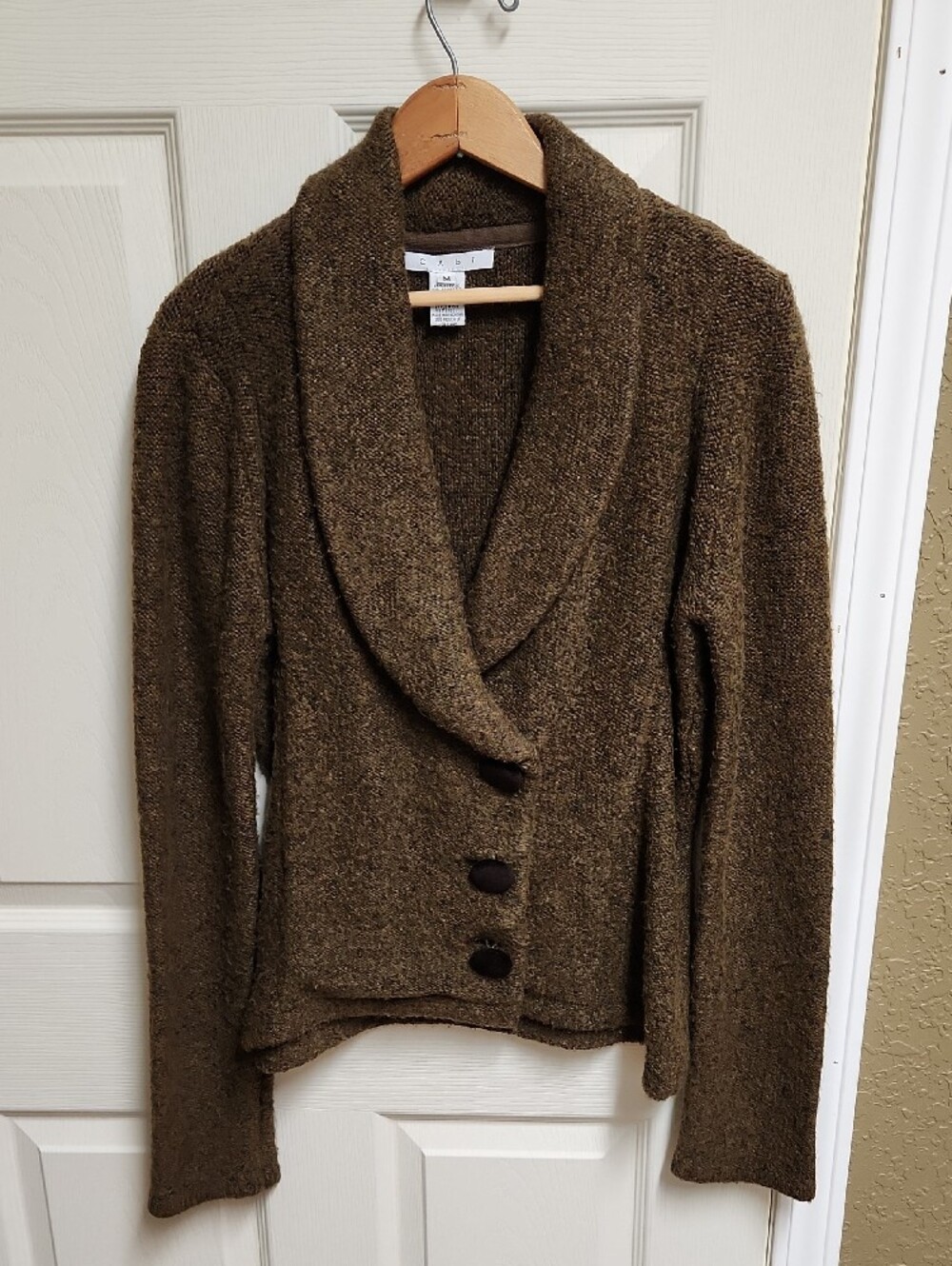 CAbi Textured Shawl Collar Brown Knit Cardigan With 2 Extra Buttons